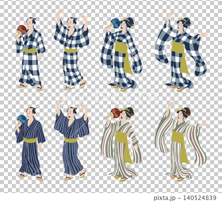 一組向量插圖，描繪了身穿浴衣的男女以浮世繪風格跳盂蘭盆舞的場景。 140524839