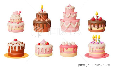 Colorful Cartoon Cakes With Candles and Icing Colorful Cartoon Cakes With Candles and Icing 140524986