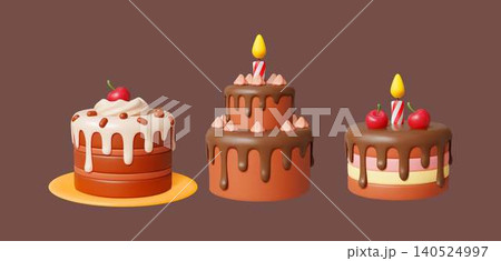 Three colorful cartoon cakes with candles 140524997