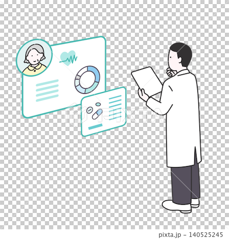 タブレットを手に患者のバイタルデータや処方薬を確認する医師のイラスト タブレットを手に患者のバイタルデータや処方薬を確認する医師のイラスト 140525245