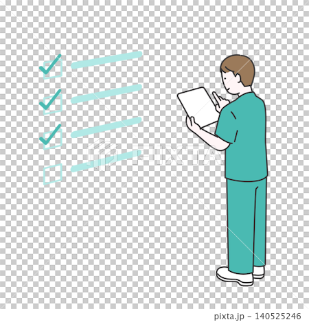 An illustration of a male nurse checking and managing checklists and tasks on a tablet. 140525246