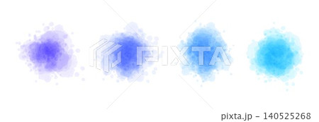 Blue watercolor spot set. Liquid watercolour textured splash effects. Purple to blue shade color round ink or paint brush stroke shape elements. Soft wet or dry splatters, blobs, stains, drops. Vector 140525268