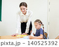 Teacher assisting young student with drawing and learning activity in classroom. Creative education, child development, personalized learning, and academic support concept. 140525392
