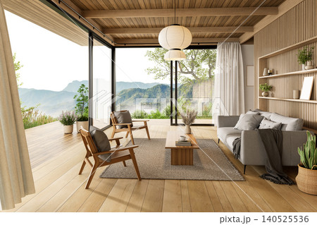 Spacious and airy living room interior with glass doors opening onto a wide wooden deck with a stunning panoramic mountain view 3d render. Spacious and airy living room interior with glass doors opening onto a wide wooden deck with a stunning panoramic mountain view 3d render. 140525536