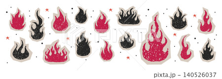 Burning crayon fire. Grunge flame with pencil texture. Wax scribble elements with cutout edges. Set for vintage collage. Vector illustration Burning crayon fire. Grunge flame with pencil texture. Wax scribble elements with cutout edges. Set for vintage collage. Vector illustration 140526037