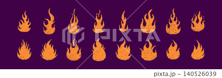 Fire illustration with flames. Brush doodle texture. Wax scribble shape or sticker icon. Chalk collage and grunge punk hot. Vector retro hand 140526039