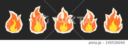 Crayon burning fire or flame. Wax scribble wildfire stickers. Vector set. Collage style Crayon burning fire or flame. Wax scribble wildfire stickers. Vector set. Collage style 140526040