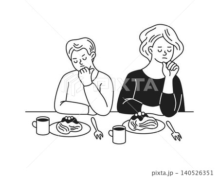 Monochrome Illustrations of Concerned Couple at Breakfast Monochrome Illustrations of Concerned Couple at Breakfast 140526351