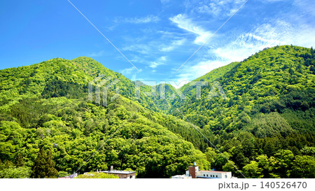 栃木県塩原温泉郷 新緑の山々と青空と温泉街 栃木県塩原温泉郷 新緑の山々と青空と温泉街 140526470