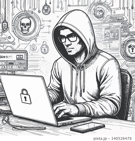 Hooded hacker working on laptop with cybersecurity background Hooded hacker working on laptop with cybersecurity background 140526478