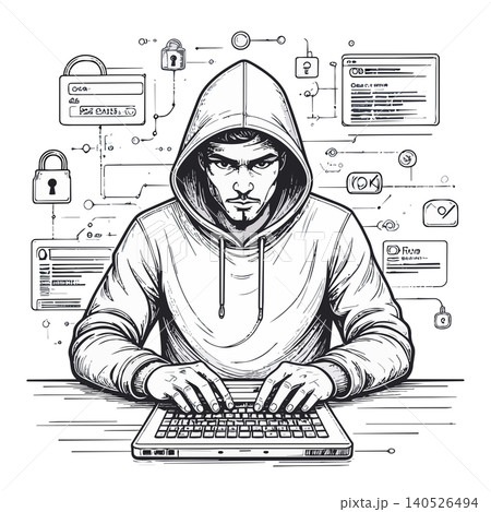 Hooded hacker man typing laptop cyber security concept 140526494