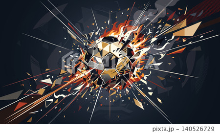 Abstract geometric soccer ball exploded and burst into flames with dark background 140526729