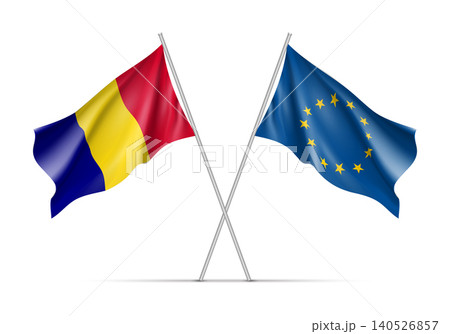 Romania and European Union waving flags on flagpole. EU sign with twelve gold stars on blue and Romania national symbol blue, yellow and red colors. Two flags isolated on white background 140526857