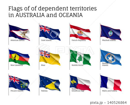 Flags dependent territories Australia and Oceania realistic style set. Collection of national symbols. Vector illustrations of tribes, aborigines, peoples, pacific ocean concept Flags dependent territories Australia and Oceania realistic style set. Collection of national symbols. Vector illustrations of tribes, aborigines, peoples, pacific ocean concept 140526864