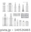 3d blank pharmaceutical medical packaging container for supplement, spray bottle for drugs. Mockup of clean pack for medicament. Vector illustration set for package design with empty place for label. 140526865