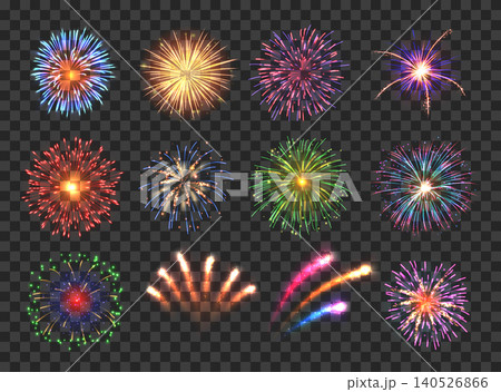 Big set of various fireworks with brightly shining sparks. Colorful pyrotechnics show. Realistic fireworks celebration isolated vector illustration. Beautiful light performance in night sky. 140526866