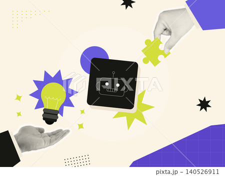 Trendy Halftone collage of hands holding a light bulb and puzzle piece a Trendy Halftone collage of hands holding a light bulb and puzzle piece a 140526911