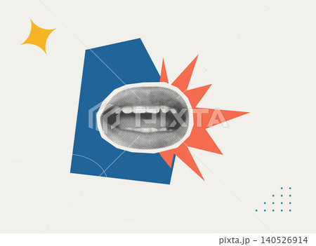Trendy Halftone Collage of a mouth speaking with an orange star burst on a blue canvas, representing expressing ideas and voice communication. Perfect for podcast, marketing, and public speaking conte 140526914