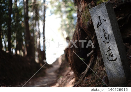 木漏れ日が差し込む古道と『やまのべの道』の石碑」 木漏れ日が差し込む古道と『やまのべの道』の石碑」 140526916