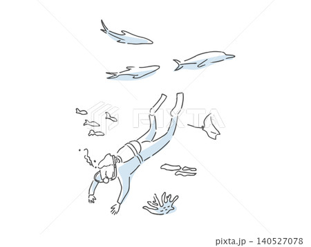 海中を泳ぐダイバー男性のラフイラスト 海中を泳ぐダイバー男性のラフイラスト 140527078