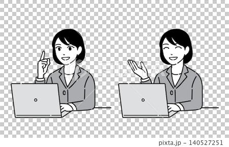 Illustration of a woman in a suit giving instructions on a computer - Set 15 Illustration of a woman in a suit giving instructions on a computer - Set 15 140527251