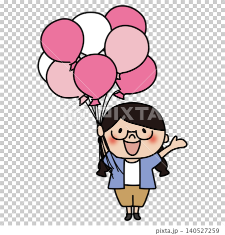 たくさんのピンク色の風船を持っている眼鏡を掛けた三つ編みの子供(女の子) たくさんのピンク色の風船を持っている眼鏡を掛けた三つ編みの子供(女の子) 140527259