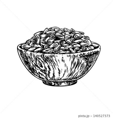 Sunflower seeds in a wooden cup. Hand-drawn black and white vector illustration. Element of label and packaging design, as well as banners, posters, and more. 140527373