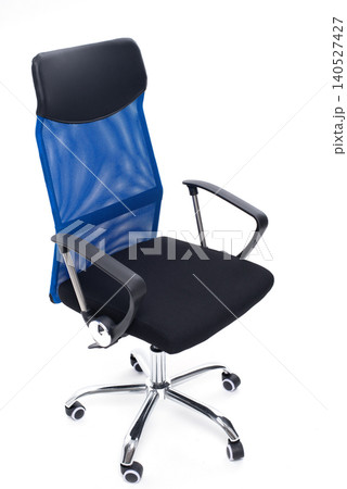 Ergonomic blue mesh office chair isolated on white background. Modern high-back desk armchair with armrests. Ergonomic blue mesh office chair isolated on white background. Modern high-back desk armchair with armrests. 140527427