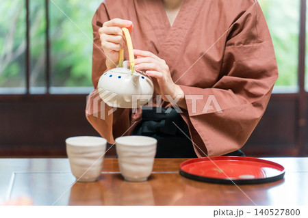 旅館,料亭で急須でお茶を淹れる女性スタッフ,仲居,女将 旅館,料亭で急須でお茶を淹れる女性スタッフ,仲居,女将 140527800