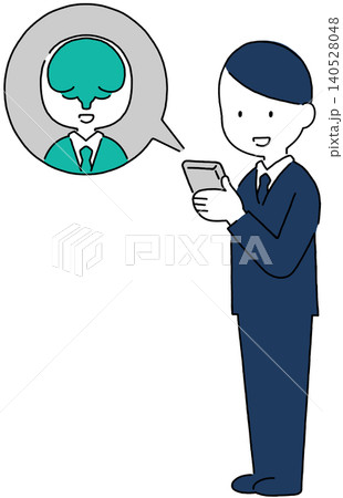 AIアシスタントとスマホで会話を行う笑顔の男性ビジネスマンの全身イラスト 140528048