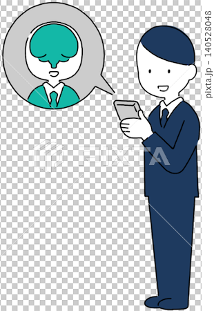 AIアシスタントとスマホで会話を行う笑顔の男性ビジネスマンの全身イラスト 140528048