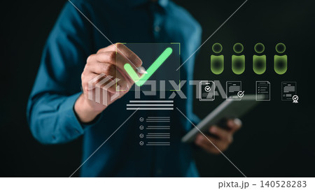 Candidate recruitment selection process involves human resources, manager using tablet for hiring decision, job application check for applicant, choosing employee for professional work role 140528283