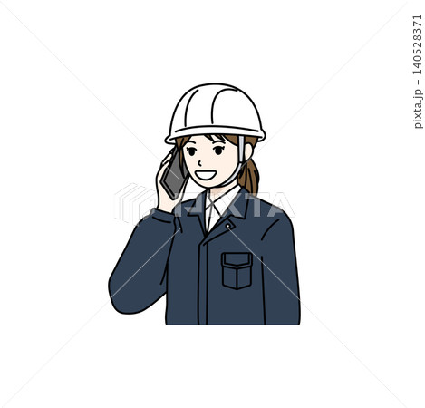女性作業員 ヘルメット 電話 通話 連絡 報告　ネイビー 140528371