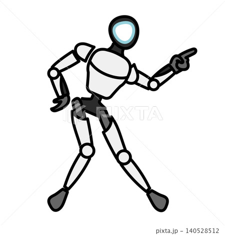 イラスト素材: 横を指差して軽快にダンスやポーズをとる人型ロボットのベクターイラスト 140528512