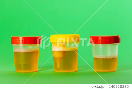 A three-glass urine sample against a green background. Concept analysis confirming which part of the genitourinary tract is affected by inflammation due to kidney stones. Copy space for text 140528880