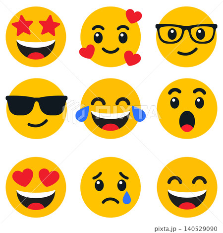 Emoji reaction face set illustration with happy, love, cool, laughing, sad and surprised yellow characters for social media, chat, app stickers, messages and digital communication design Emoji reaction face set illustration with happy, love, cool, laughing, sad and surprised yellow characters for social media, chat, app stickers, messages and digital communication design 140529090