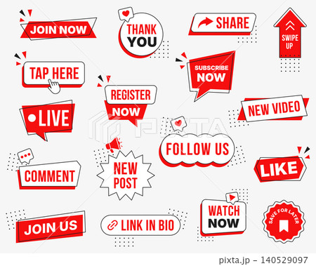 Social media call to action badge set with subscribe now, follow us, join now, watch now, like, comment, share, swipe up and link in bio labels, flat vector illustration for promotion 140529097