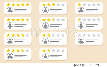 Customer review rating cards set illustration with different star scores, user avatars and text lines on beige background, clean flat vector design for feedback, service quality and satisfaction 140529108