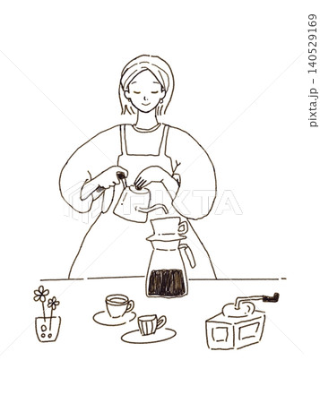ハンドドリップコーヒーを淹れる女性の線画イラスト ハンドドリップコーヒーを淹れる女性の線画イラスト 140529169