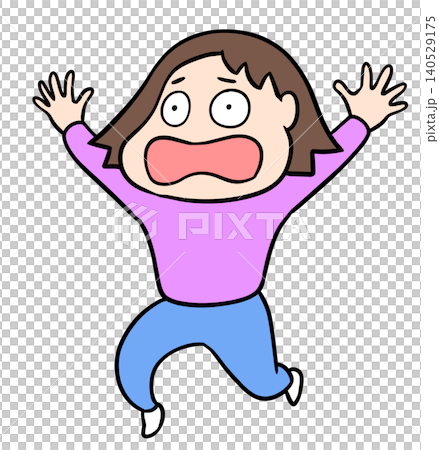 驚いて両手を上げ目を丸くしているコミカルな女性のイラスト 驚いて両手を上げ目を丸くしているコミカルな女性のイラスト 140529175