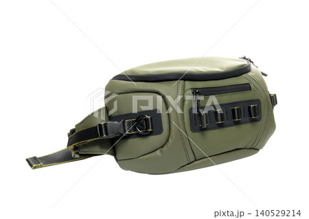 green hiking bag on the belt angle from below on a white background green hiking bag on the belt angle from below on a white background 140529214