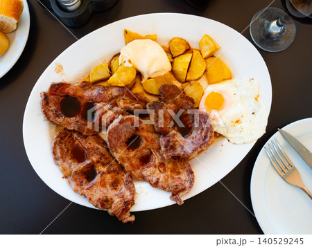Fried pork with potatoes and fried eggs on plate Fried pork with potatoes and fried eggs on plate 140529245