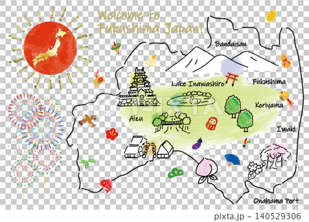福島県の観光地のかわいいイラストマップと縁起物 福島県の観光地のかわいいイラストマップと縁起物 140529306