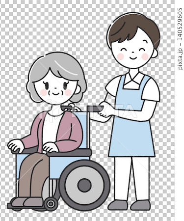 An elderly woman in a wheelchair and a male care worker An elderly woman in a wheelchair and a male care worker 140529605