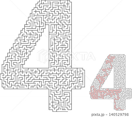 Math maze puzzle for kids in the shape of number four with solution vector template 140529798