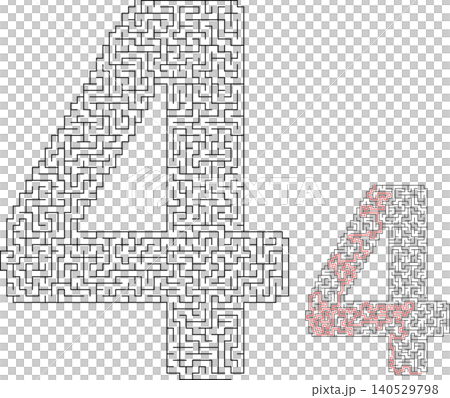 Math maze puzzle for kids in the shape of number four with solution vector template 140529798