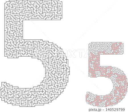 Educational math labyrinth game for children featuring number five with answer key vector 140529799