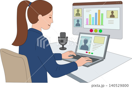 Businesswoman participating in an online video conference meeting on laptop vector illustration Businesswoman participating in an online video conference meeting on laptop vector illustration 140529800