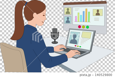 Businesswoman participating in an online video conference meeting on laptop vector illustration Businesswoman participating in an online video conference meeting on laptop vector illustration 140529800