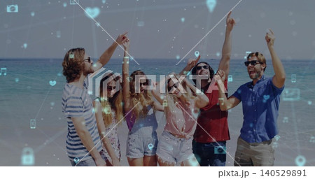 Pointing and raising, six friends standing in summer wear and shades at sandy shore, icons overlay Pointing and raising, six friends standing in summer wear and shades at sandy shore, icons overlay 140529891